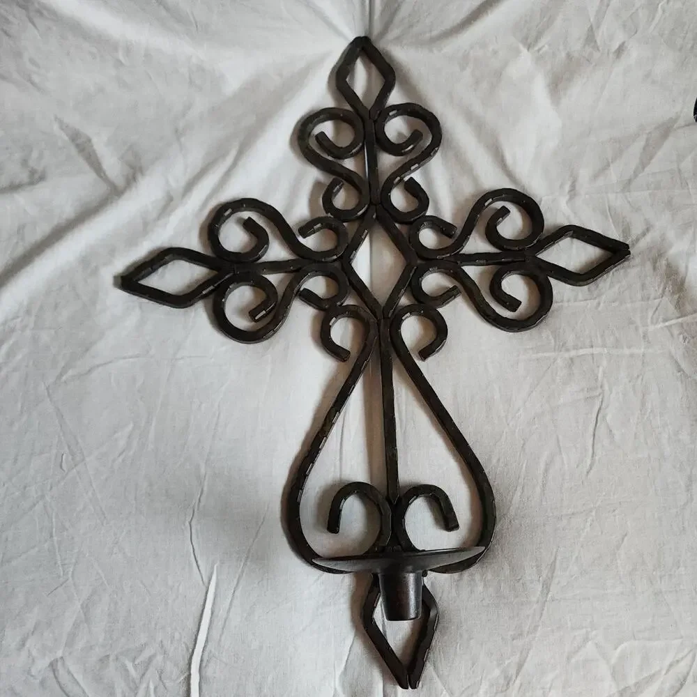 Heavy Hammered Metal Cross with Folding Candle Holder, incl. Red Glass Vase